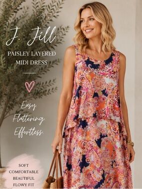 J Jill Paisley Midi Dress Medium Sleeveless Layered Boho Multicolor relaxed fit